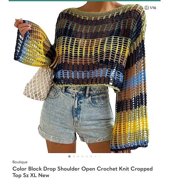 Tops - Color Block Crochet Knit Cropped Top